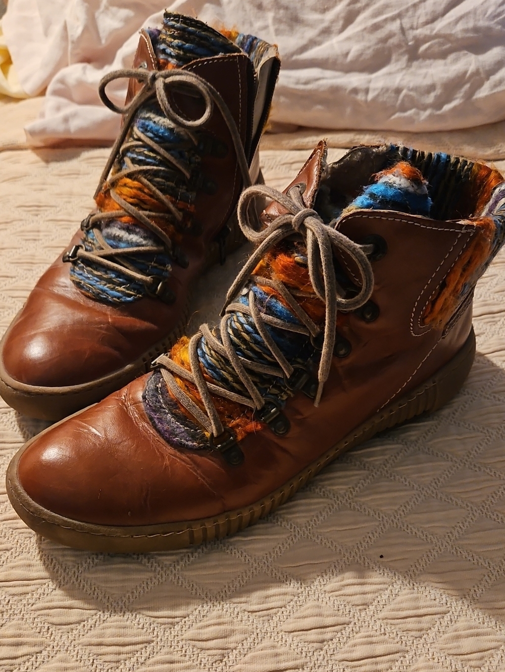 Josef Seibel Brown Leather Lace-Up Boots with Multicolor Knit Accents